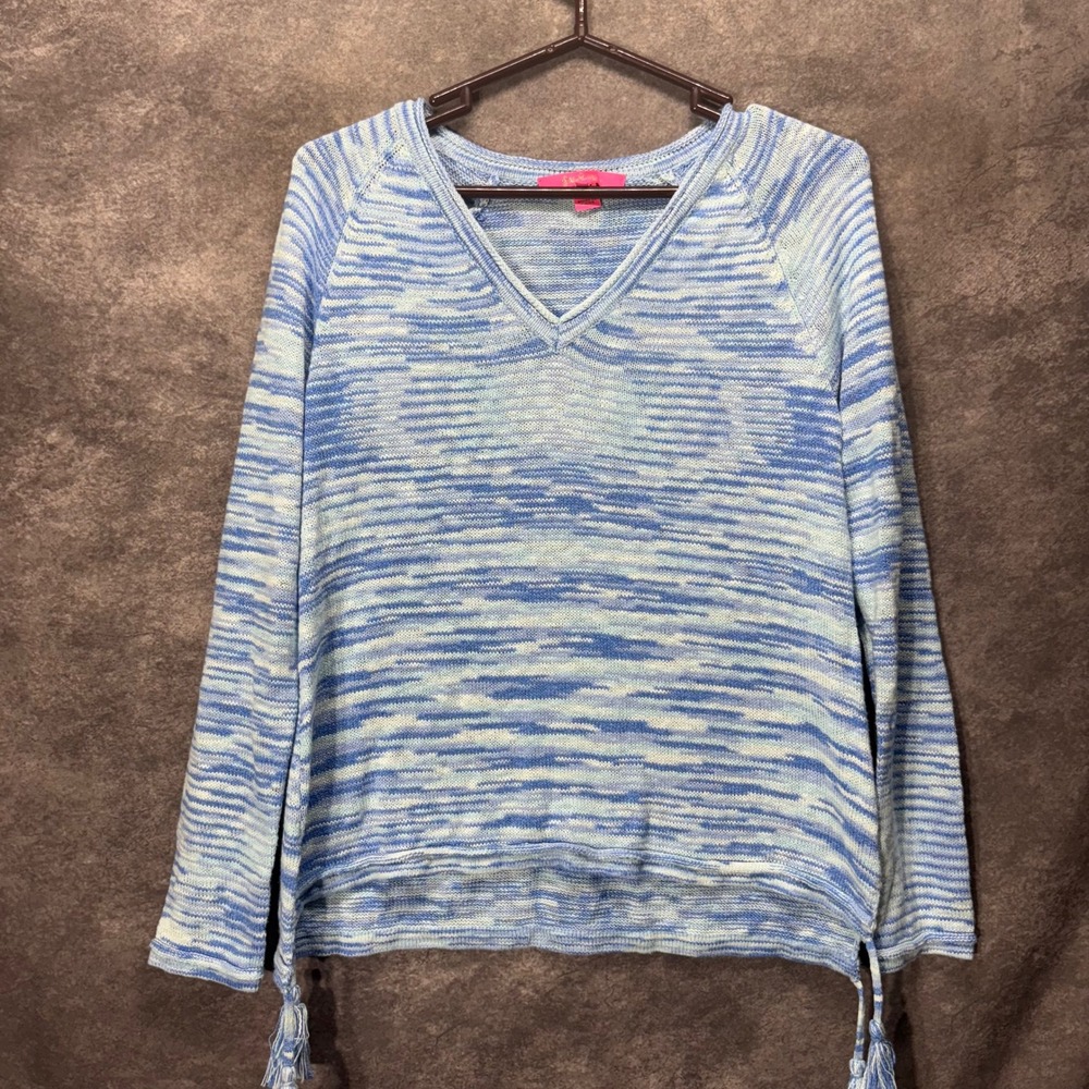Lilly Pulitzer Jody V-Neck Sweater Size S Blue Peri High Tide Space Dye Tassels